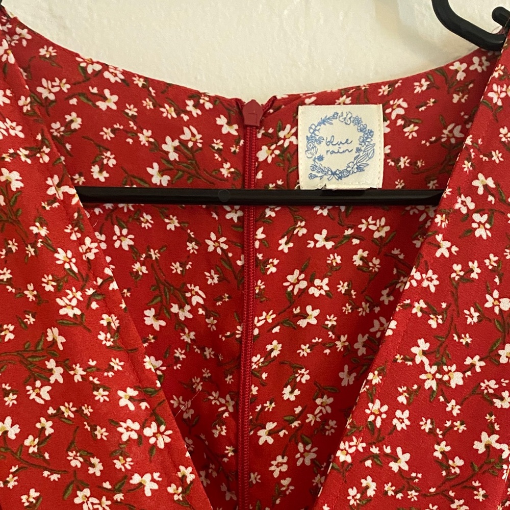 Blue Rain Red Dress with White Floral Pattern